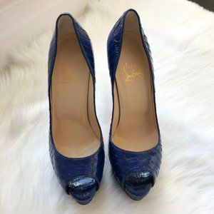 Christian Louboutin Women's Blue Cobalt Python Lady Peep Toe Size 38.5